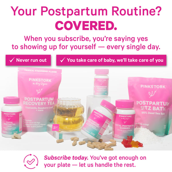 Pink Stork postpartum recovery products including recovery tea, probiotics, postnatal vitamins, and sitz bath.
