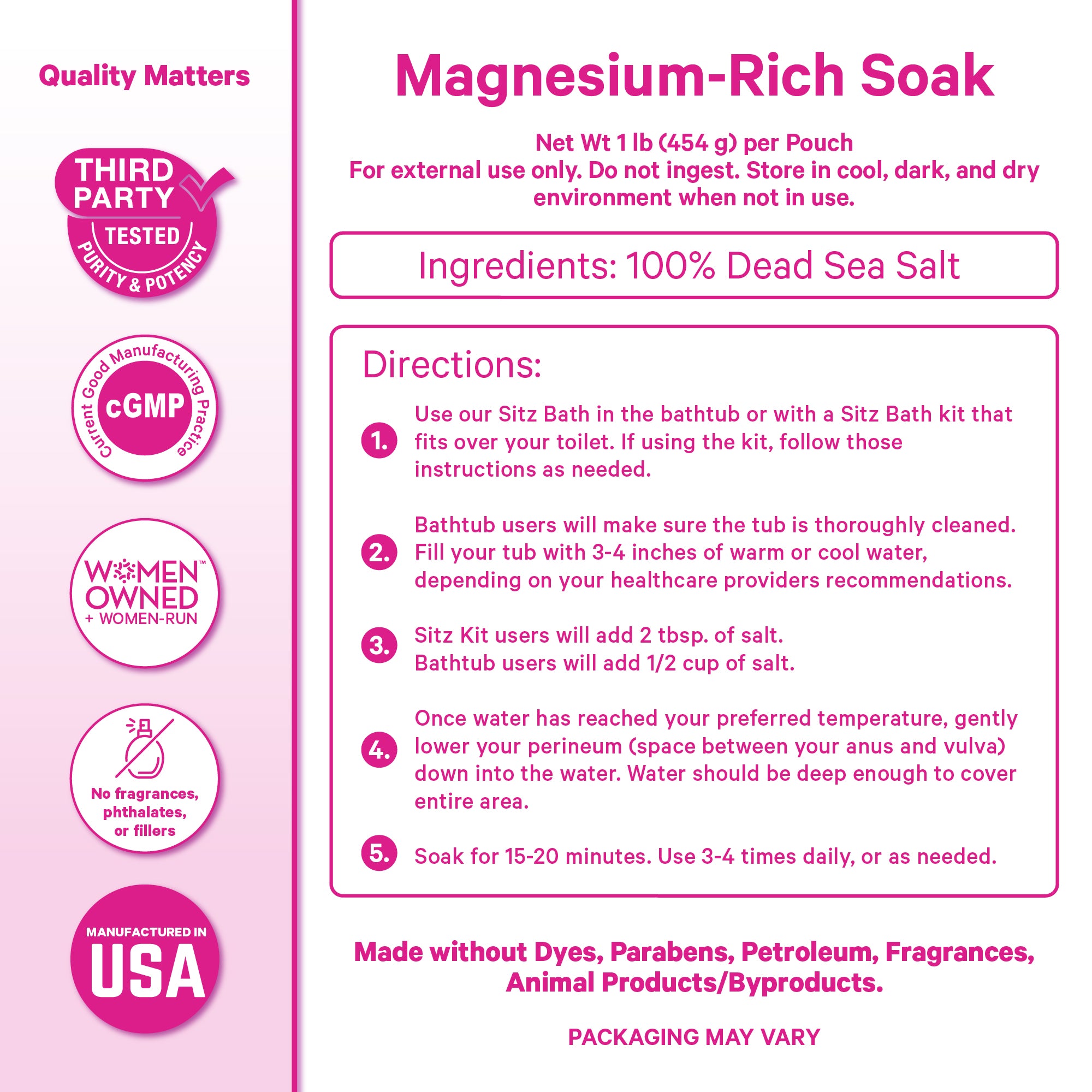 Pink Stork Postpartum Sitz Bath directions showing how to use Dead Sea salt soak for postpartum care.