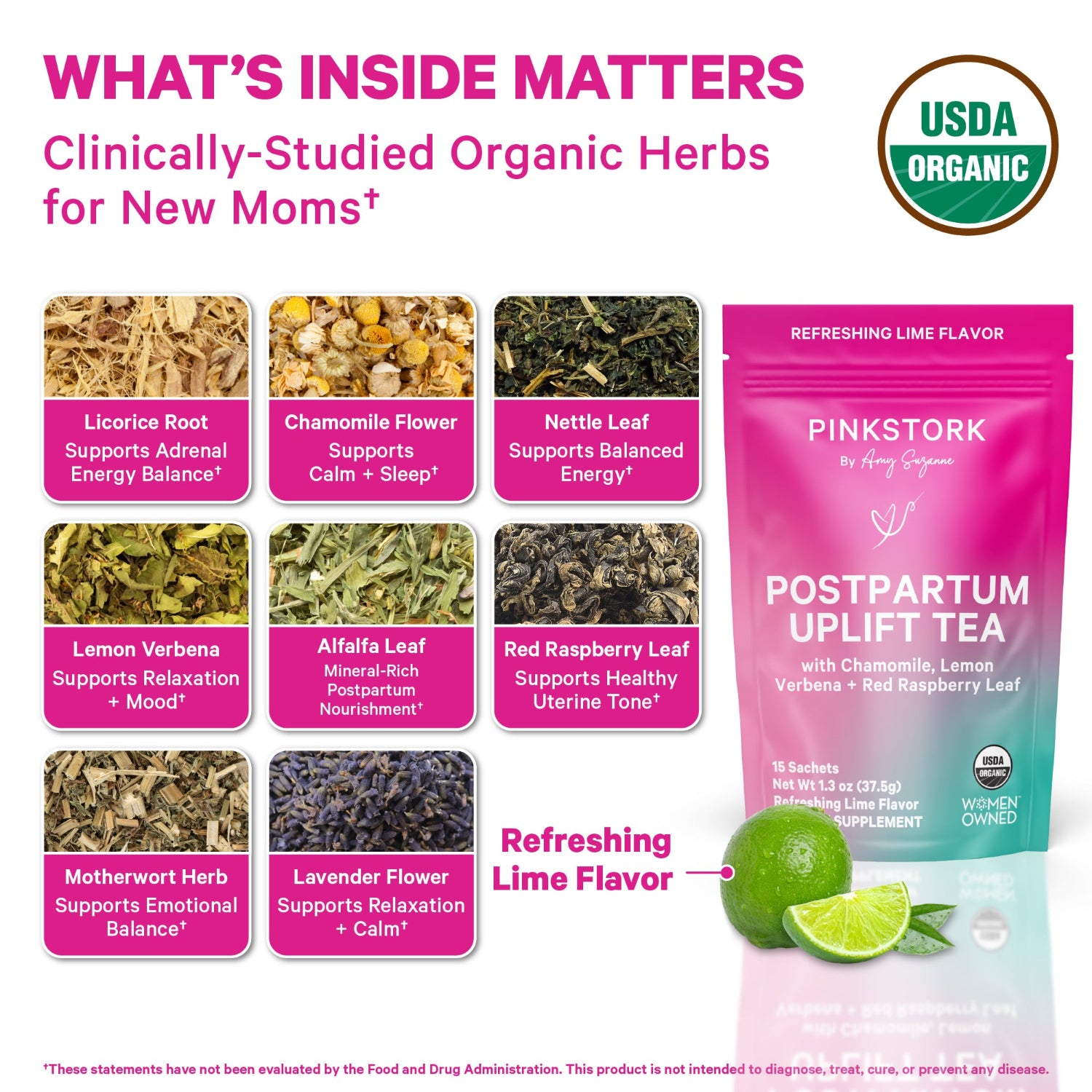 Pink Stork Postpartum Uplift Tea packaging with USDA Organic label and ingredients listed.