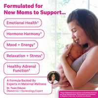 Woman holding a baby with product formulation text on a light background