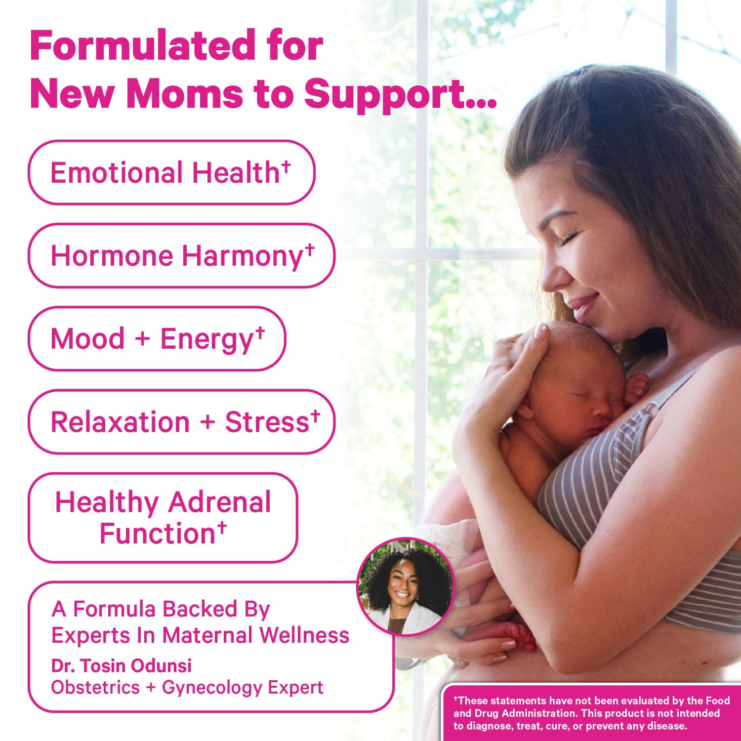 Woman holding a baby with product formulation text on a light background