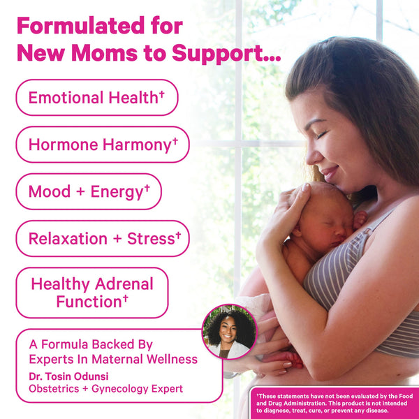 Woman holding a baby with product formulation text on a light background