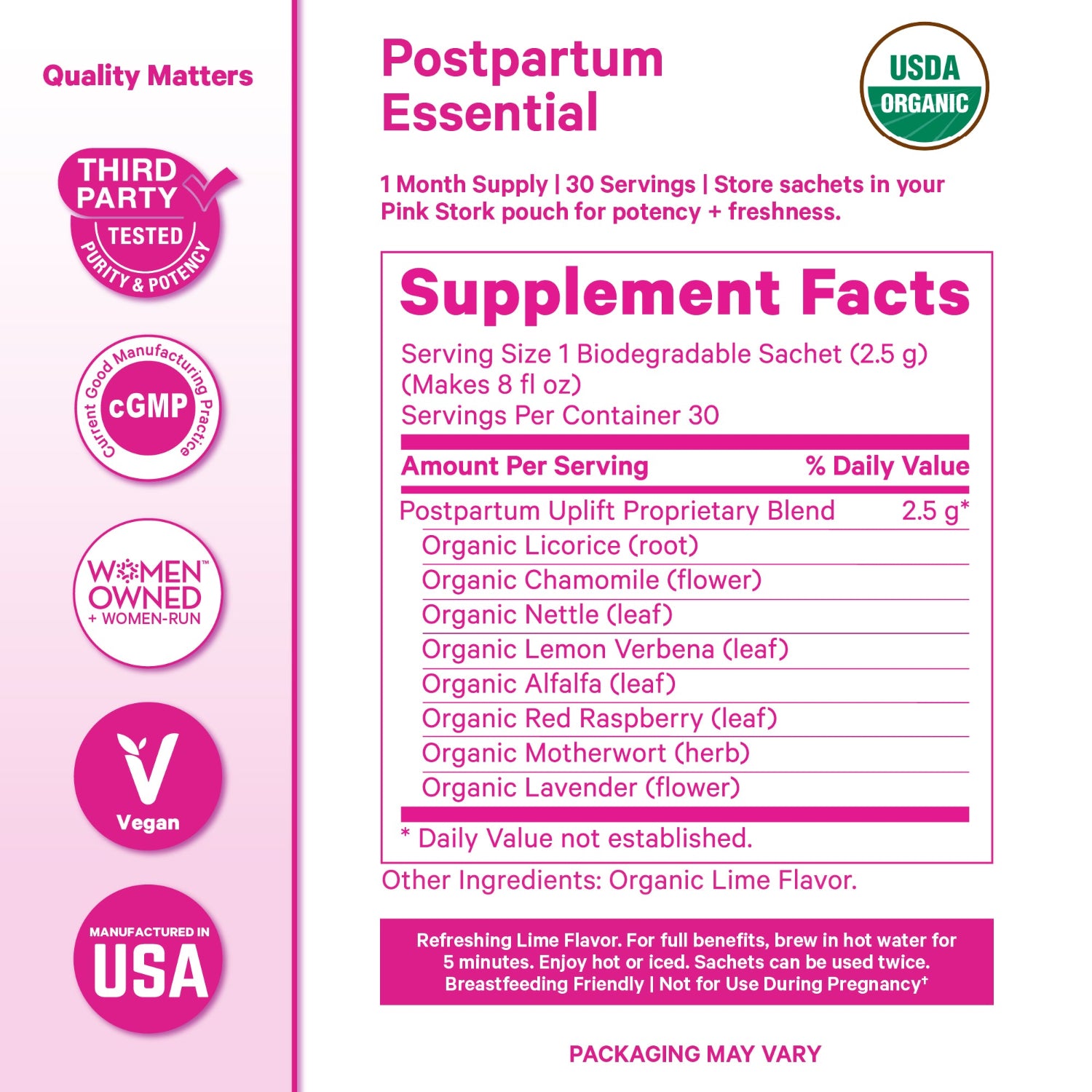 Supplement label for Postpartum Essential with supplement facts and branding details.