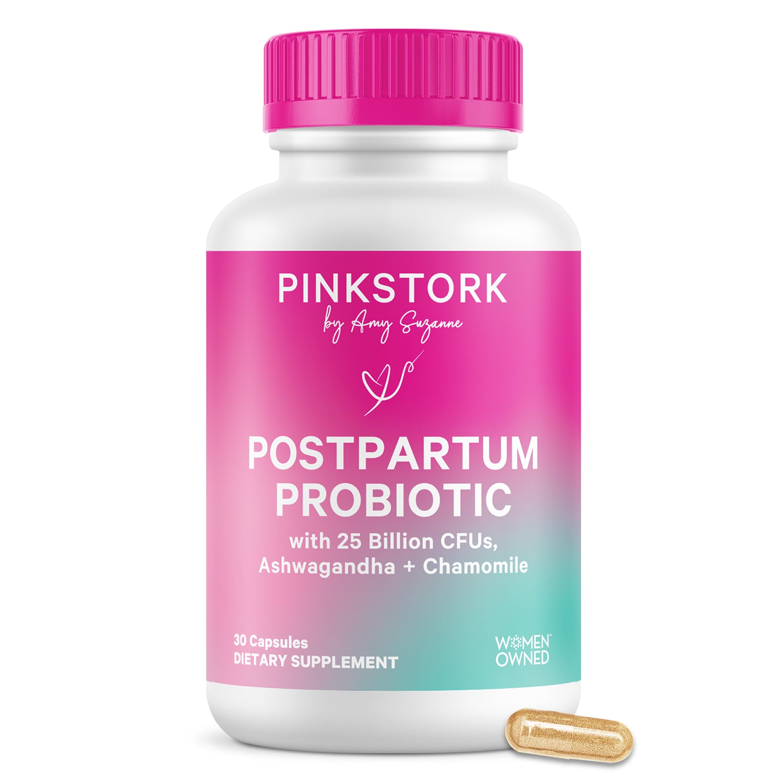 Postpartum Probiotic on a white background with capsule on the side.