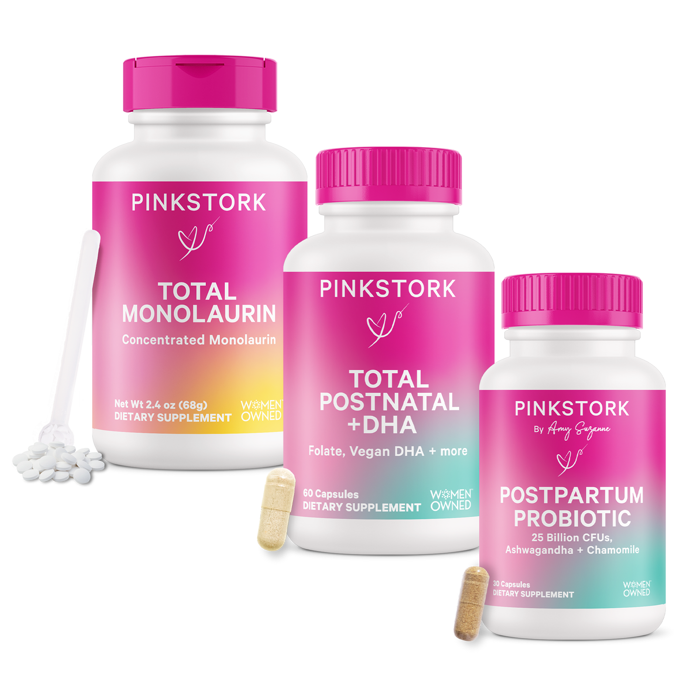 Three bottles of Pink Stork supplements, labeled Total Postnatal + DHA, Postpartum Probiotic, and Total Monolaurin, against a white background.