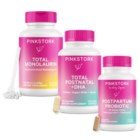 Three bottles of Pink Stork supplements, labeled Total Postnatal + DHA, Postpartum Probiotic, and Total Monolaurin, against a white background.