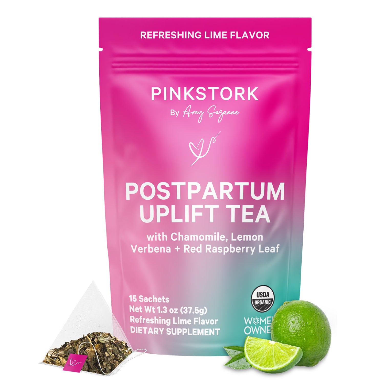Pink Stork postpartum uplift tea package with tea leaves and lime on a white background
