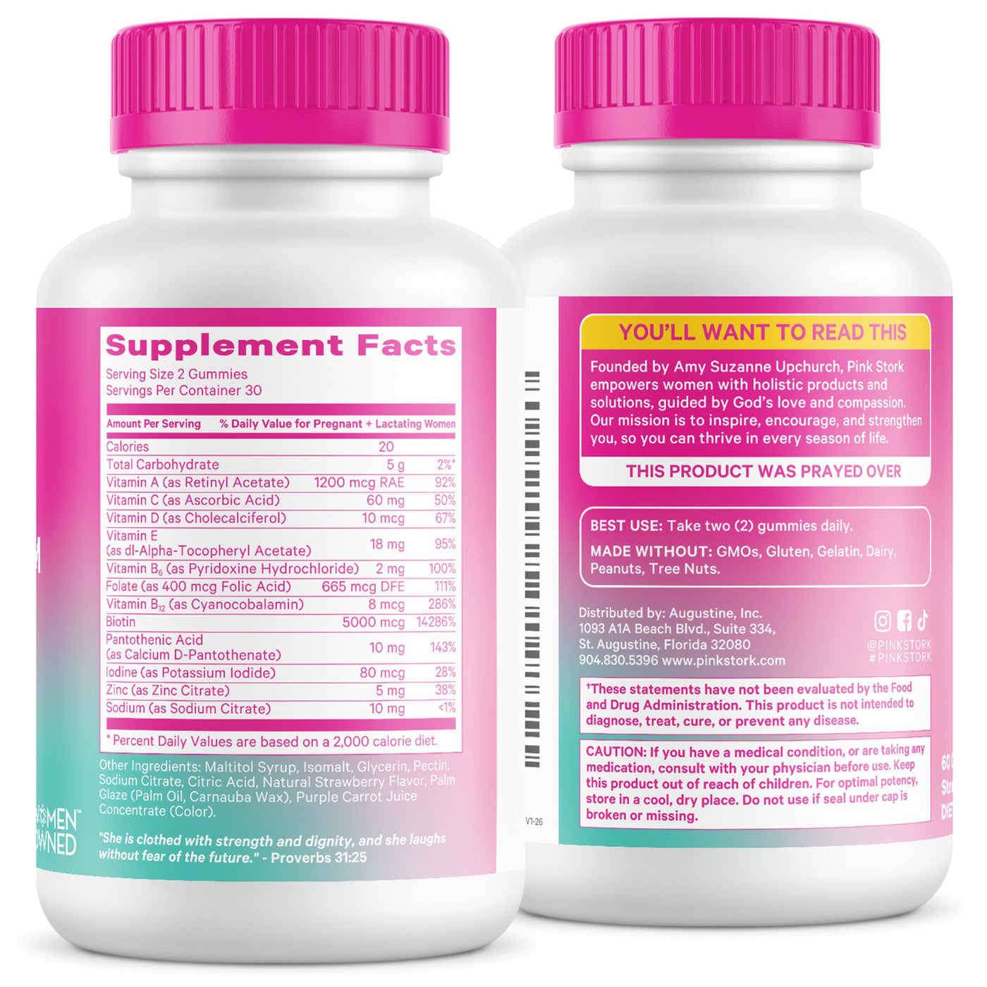 Two supplement bottles with pink caps on white background