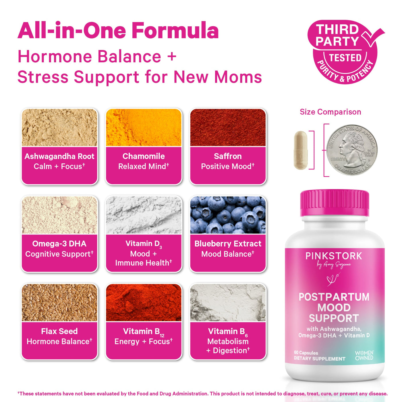 Pink Stork Postpartum Mood Support supplement with ingredients and size comparison on a pink background