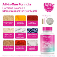 Pink Stork Postpartum Mood Support supplement with ingredients and size comparison on a pink background
