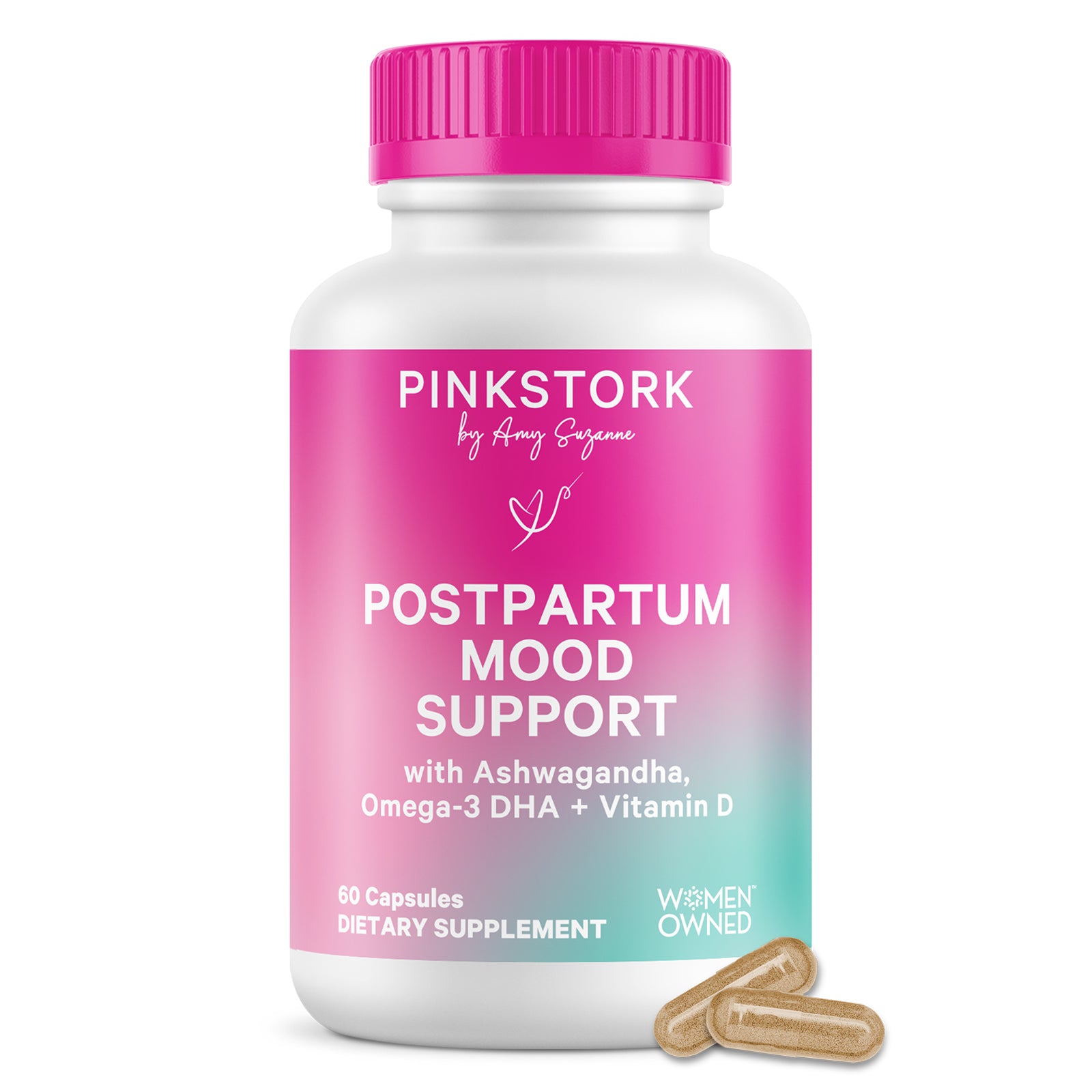A white supplement bottle with a bright pink cap and a pink-to-teal gradient label reading PINKSTORK Postpartum Mood Support. Two tan capsules are placed in front on a clean white background.