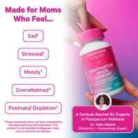A bottle of Pink Stork Postpartum Mood Support supplement being held by hands against a pink-to-purple gradient background. The left side lists symptoms like 'Sad', 'Stressed', 'Moody', 'Overwhelmed', and 'Postnatal Depletion' with star marks, and a pink badge at the bottom right says the formula is backed by experts, including Dr.