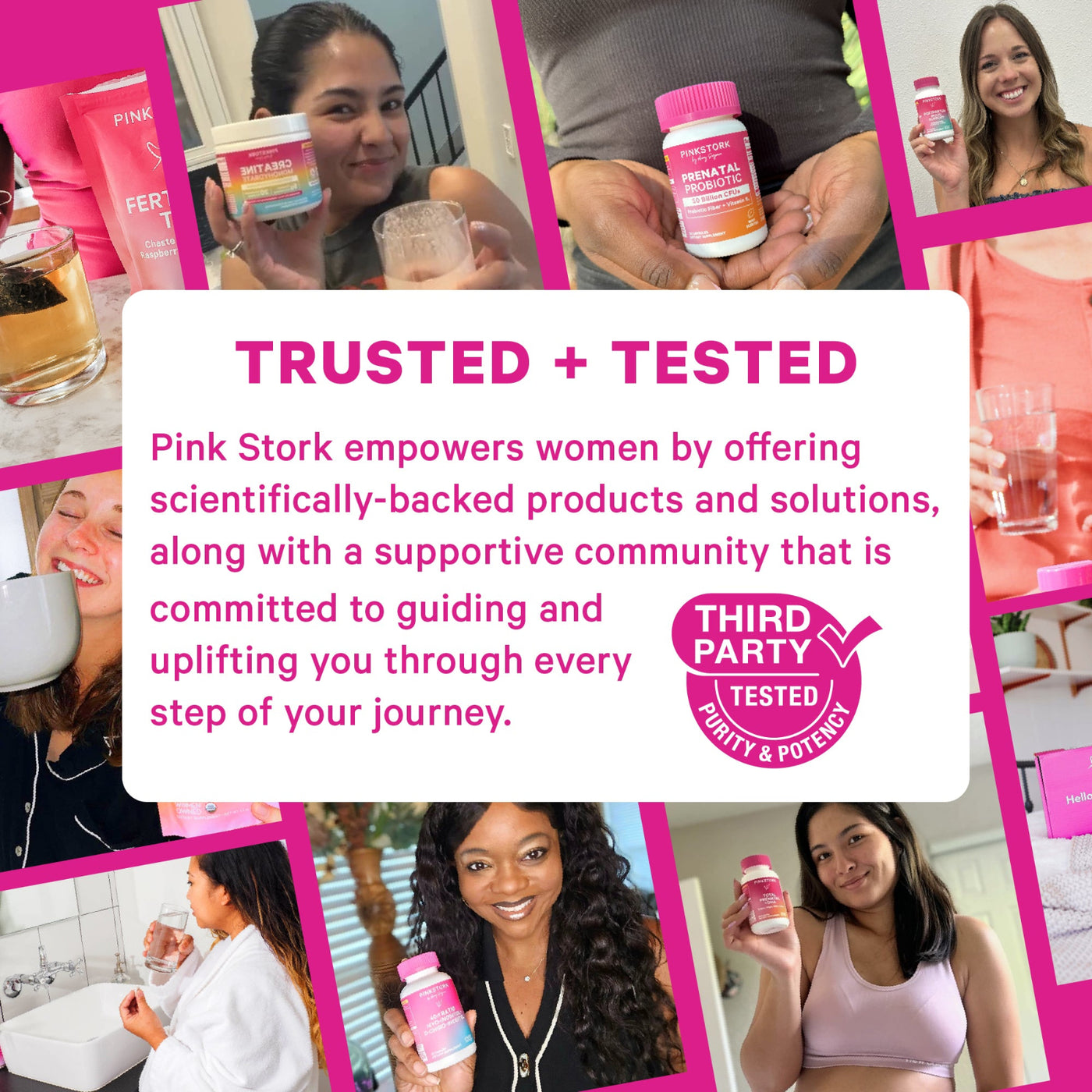 Collage of women holding Pink Stork products with promotional text about the brand's empowerment and support.