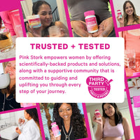 Collage of women holding Pink Stork products with promotional text about the brand's empowerment and support.