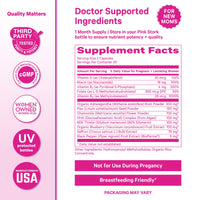 Pink and white product packaging for Doctor Supported Ingredients, featuring a prominent Supplement Facts label with ingredients listed for pregnant and lactating women, alongside trust badges and a 'For New Moms' label.