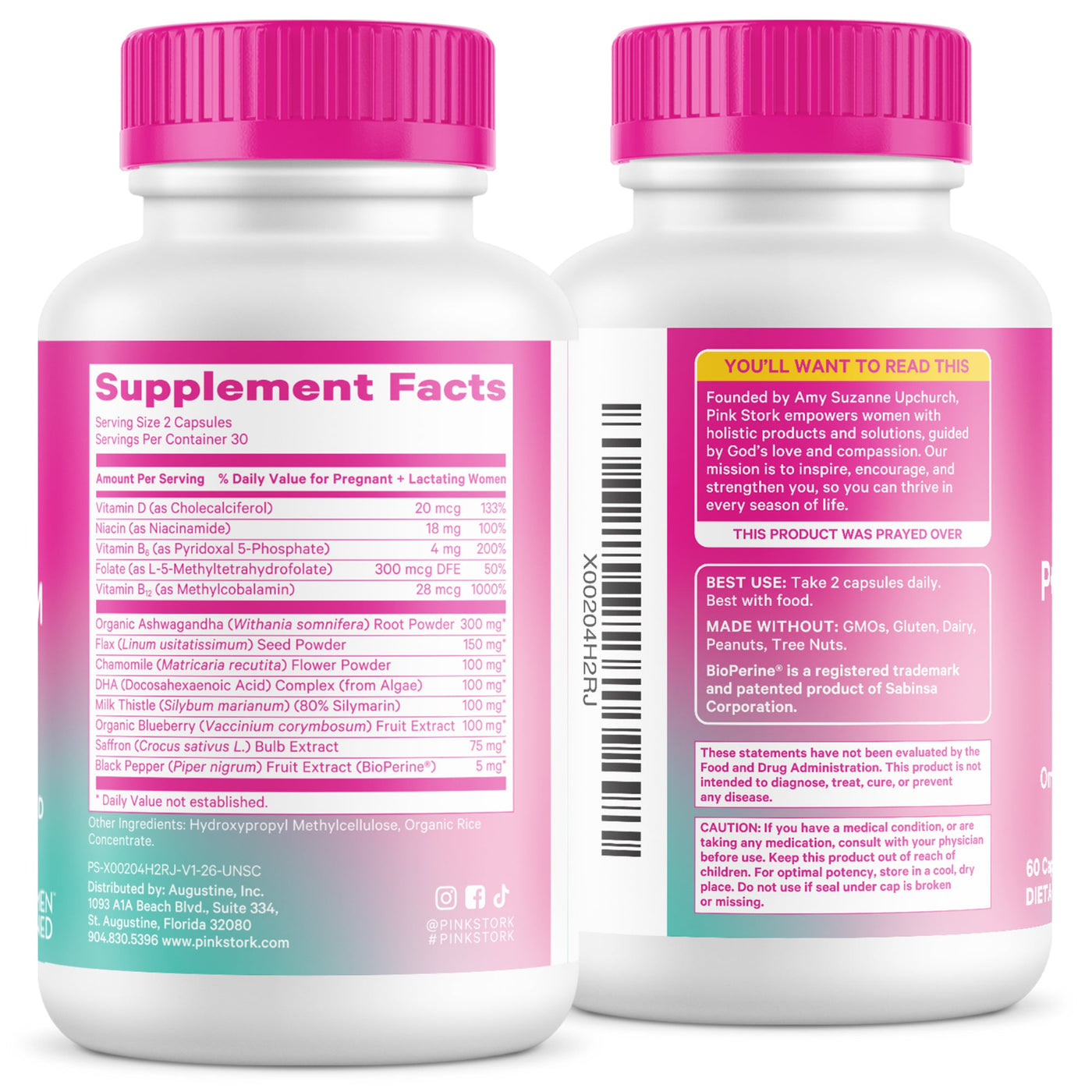 Two white supplement bottles with bright pink caps, showing the front and back labels of a dietary supplement. The labels feature pink, yellow, and white sections with text detailing ingredients, serving size, and usage instructions.