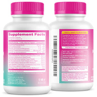 Two white supplement bottles with bright pink caps, showing the front and back labels of a dietary supplement. The labels feature pink, yellow, and white sections with text detailing ingredients, serving size, and usage instructions.