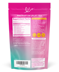 Pink and green package of postpartum uplift tea with supplement facts on a white background