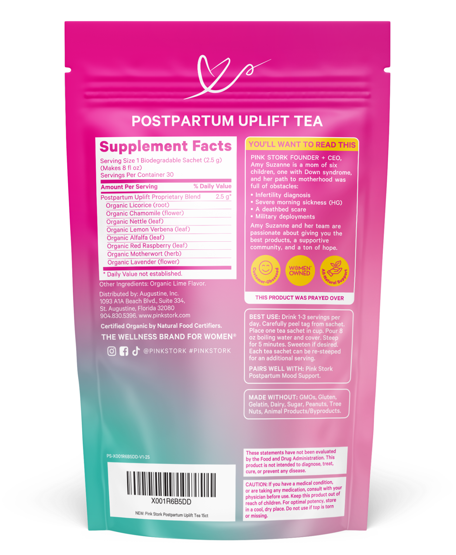 Pink and green package of postpartum uplift tea with supplement facts on a white background