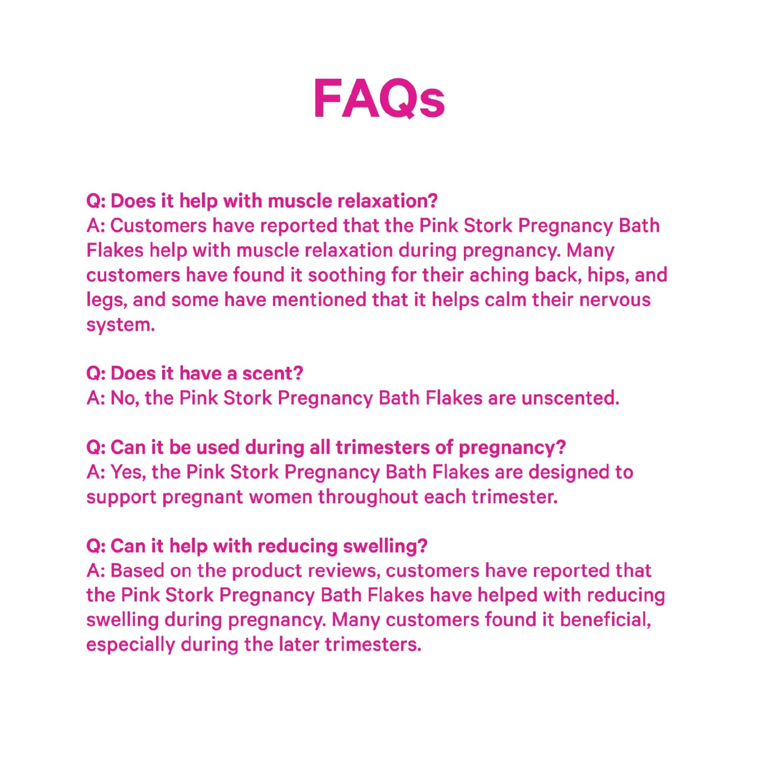 FAQs section about Pink Stork Pregnancy Bath Flakes on a white background