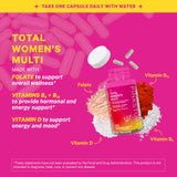 A bottle of Total Women's Multi with the cap off. Closeups of Folate, Vitamin D, Vitamins B12 and Vitamin B6.
