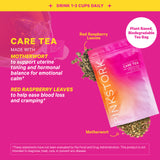A package of Pink Stork Care tea with closeups of Red Raspberry Leaves and Motherwort, two of the ingredients in Care Tea. 