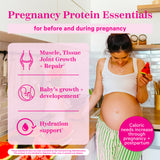 A pregnany woman looking down at her belly and eating a slice of watermelon. Pregnancy Protein Essentials. 