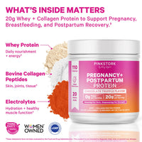 Pink Stork pregnancy and postpartum protein powder with ingredients and benefits listed.