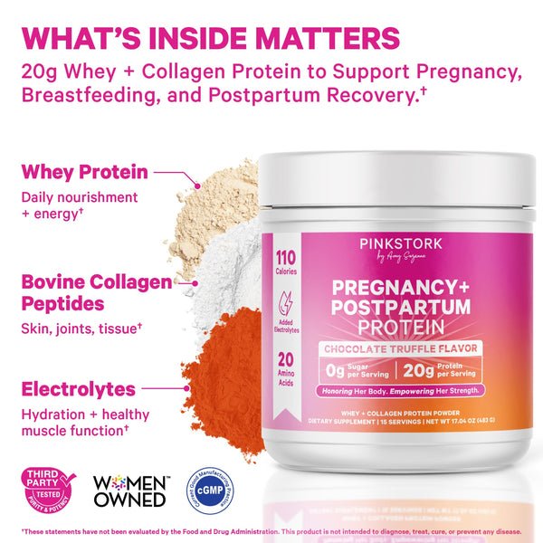 Pink Stork pregnancy and postpartum protein powder with ingredients and benefits listed.