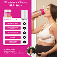 Woman drinking from a Pink Stork branded container with product features listed on a pink background.