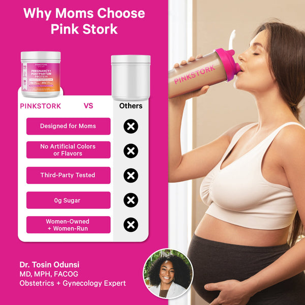 Woman drinking from a Pink Stork branded container with product features listed on a pink background.