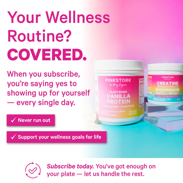 Pink Stork supplement containers with promotional text on a gradient background