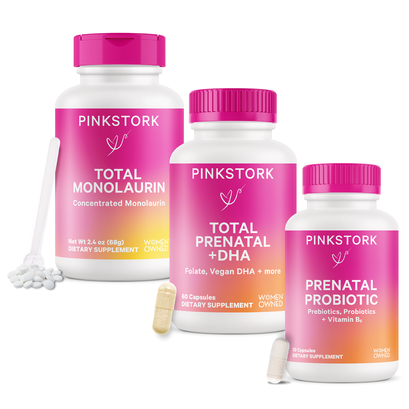 Three Pink Stork supplement bottles labeled Total Monolaurin, Total Prenatal + DHA, and Prenatal Probiotic, against a white background.