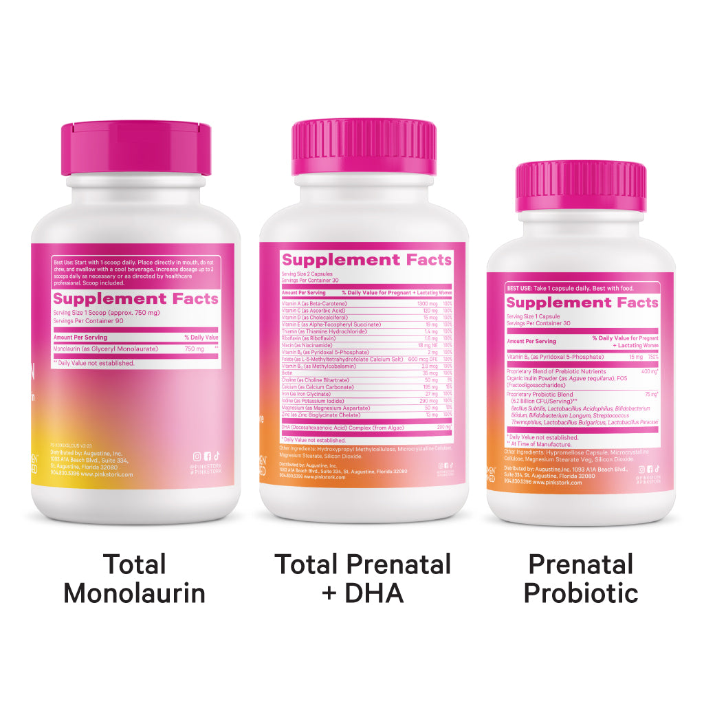 The back of three Pink Stork supplement bottles