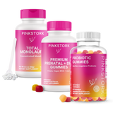 Pink Stork Pregnancy Gummy Regimen. Includes: Total Monolaurin, Probiotic Gummies, Premium Prenatal + DHA Gummies