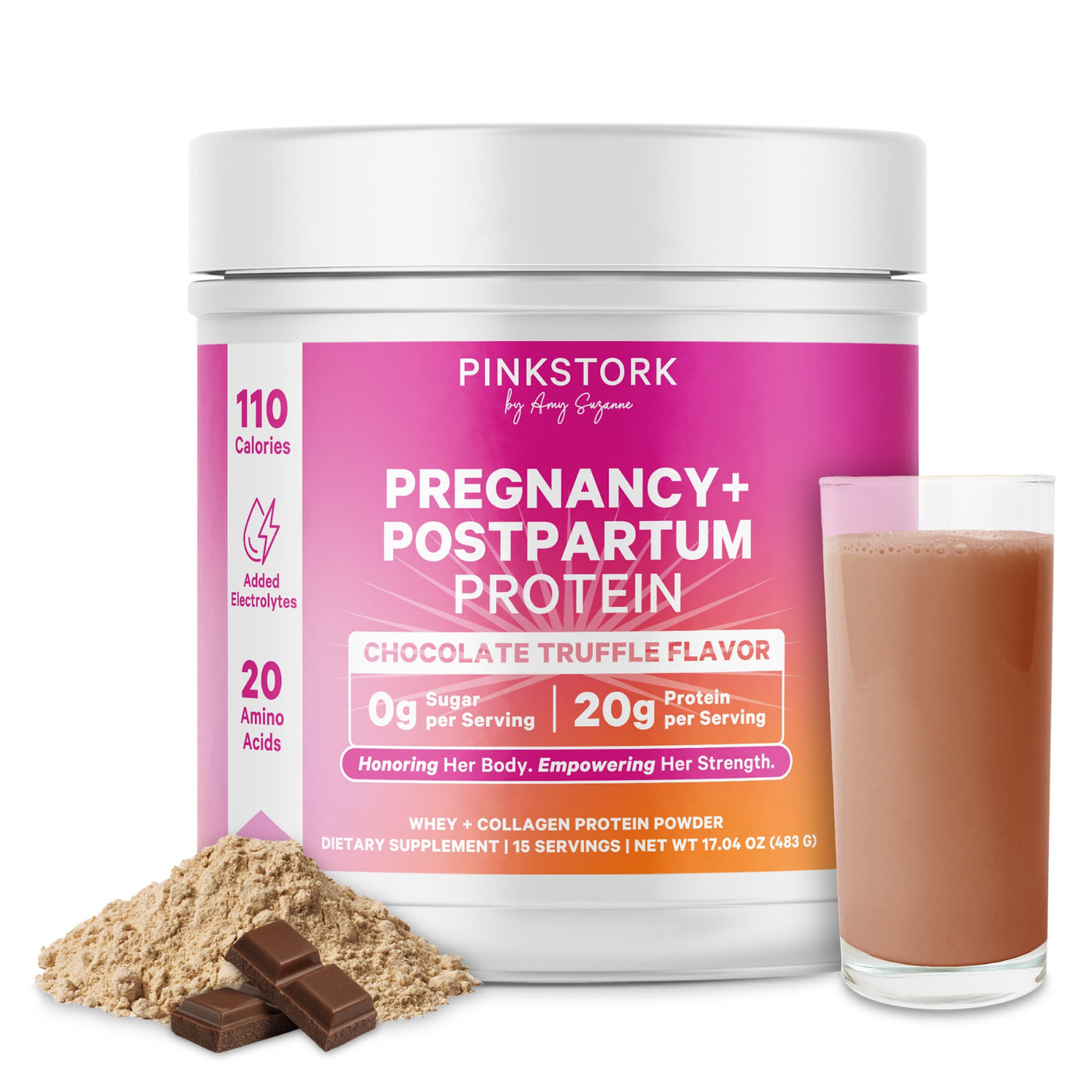 A tub of Pink Stork Pregnancy+ Postpartum Protein powder in Chocolate Truffle Flavor, shown with a glass of the prepared light brown drink, a pile of powder, and chocolate pieces on a clean white background.