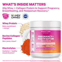 A container of Pink Stork Pregnancy+ Postpartum Protein powder shown on a white background with marketing text callouts about whey protein, collagen peptides, and electrolytes, plus ingredient piles and certification logos.