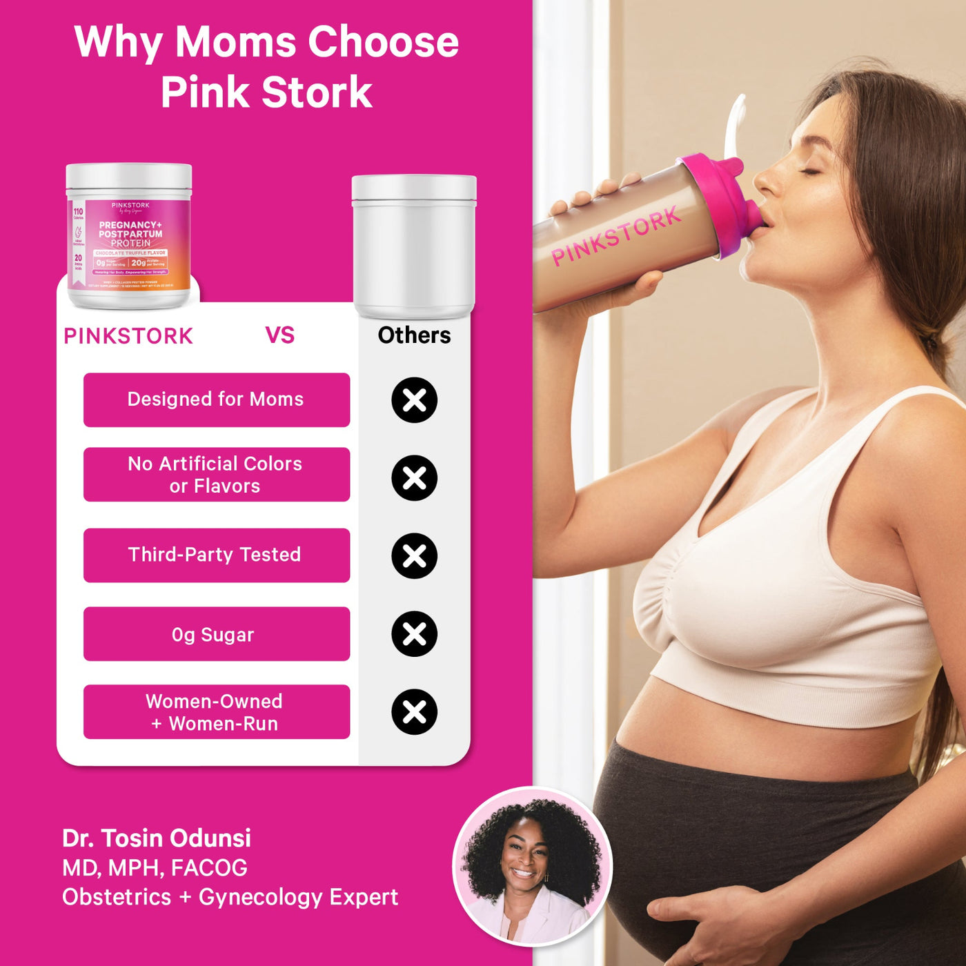 Promotional graphic for Pink Stork pre-pregnancy supplement, featuring a pregnant woman drinking from a pink shaker bottle on the right, and a product comparison chart on the left highlighting why moms choose Pink Stork over others.