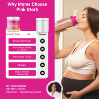 Promotional graphic for Pink Stork pre-pregnancy supplement, featuring a pregnant woman drinking from a pink shaker bottle on the right, and a product comparison chart on the left highlighting why moms choose Pink Stork over others.