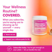 Promotional graphic for Pink Stork Pregnancy+ Postpartum Protein powder, showing a white tub with a pink label on an orange gradient background with text about wellness routine subscription.