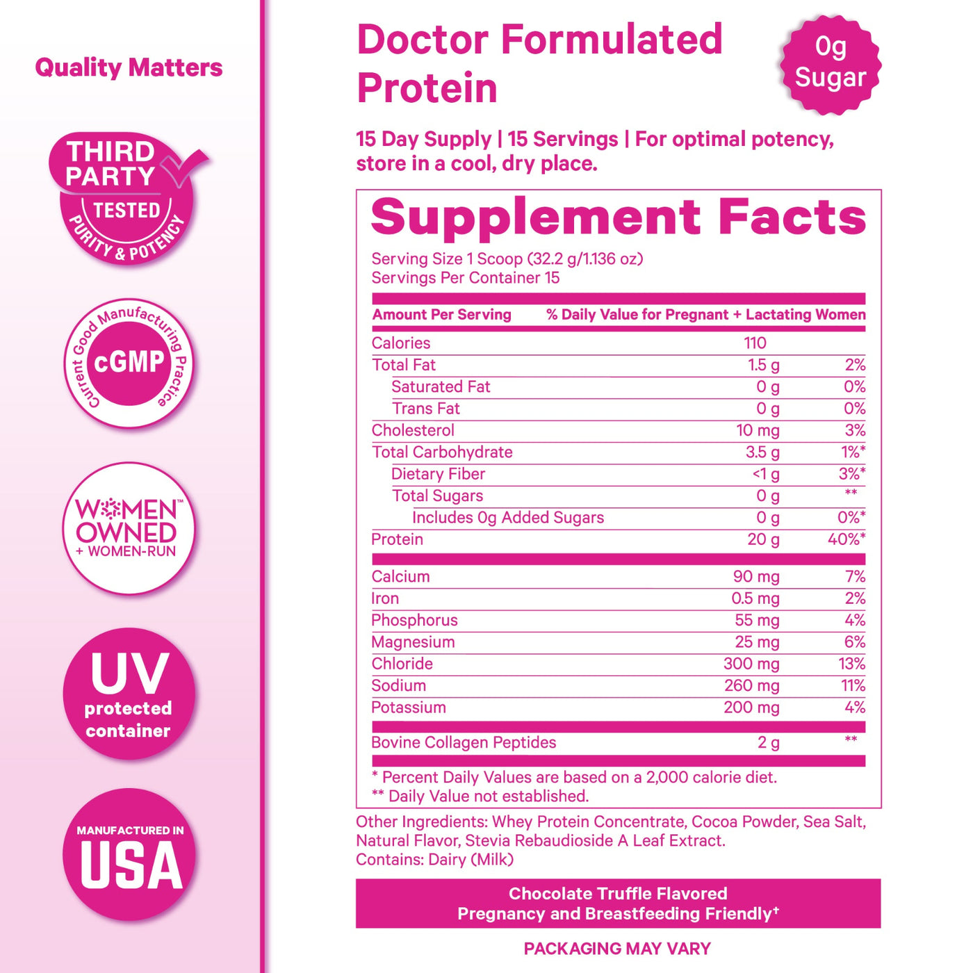 A product packaging panel for Doctor Formulated Protein powder, featuring a large pink and white label with a detailed supplement facts table, accompanied by several circular quality badges on the left side.