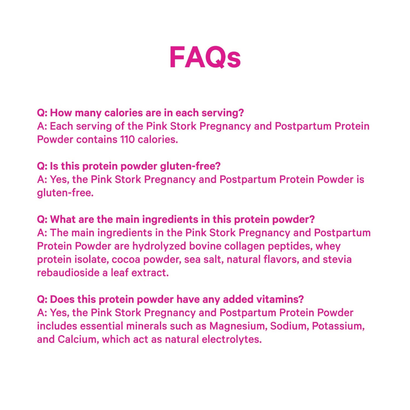 FAQs section about Pink Stork Pregnancy and Postpartum Protein Powder on a white background