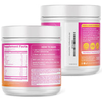 Two white plastic tubs of a dietary supplement powder, showing the front and back labels. The labels feature pink, orange, and white sections with text detailing the supplement facts, usage instructions, and branding.