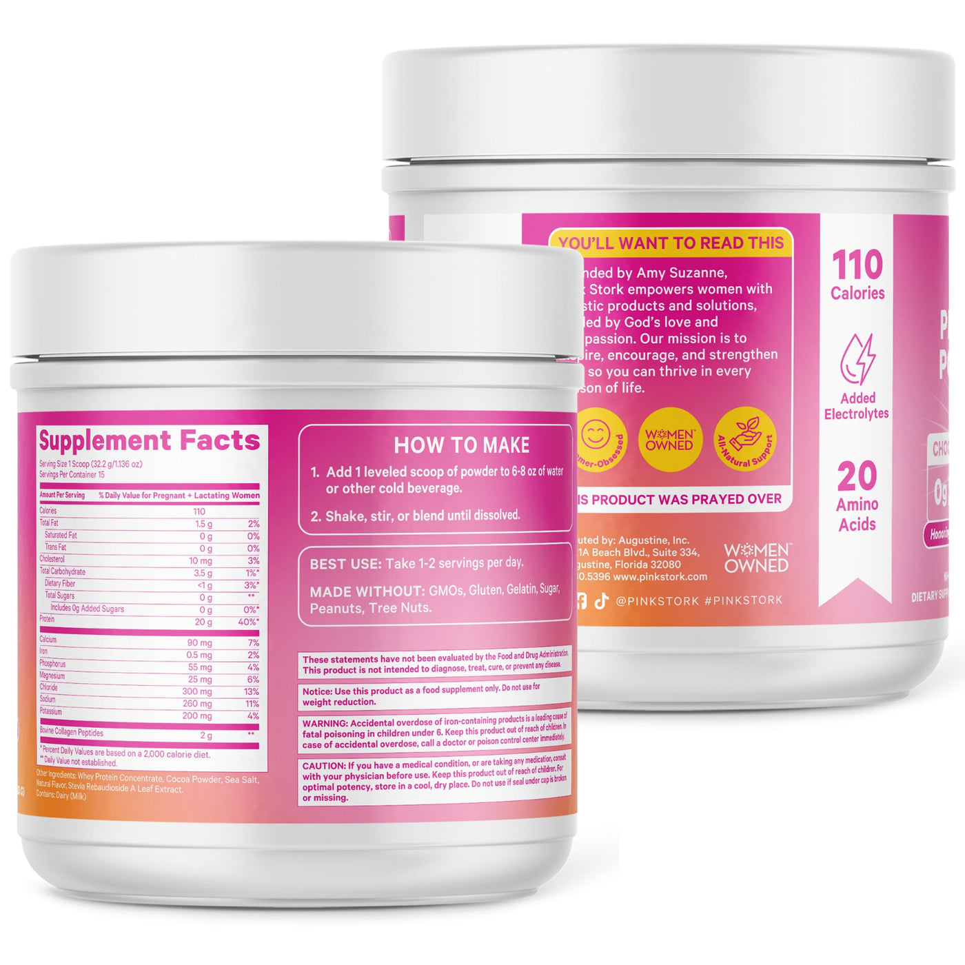Two containers of a supplement with pink labels on a white background