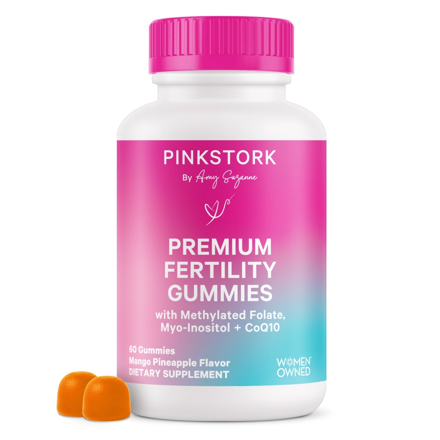 Pink Stork Premium Fertility Gummies bottle with pink cap on a white background