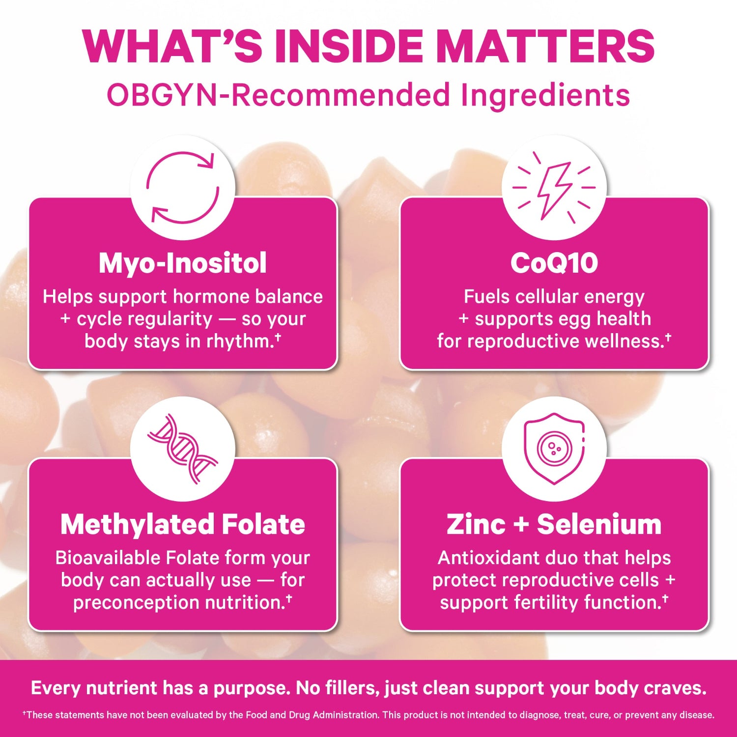 Infographic detailing OBGYN-recommended ingredients with pink labels and a blurred background of eggs.