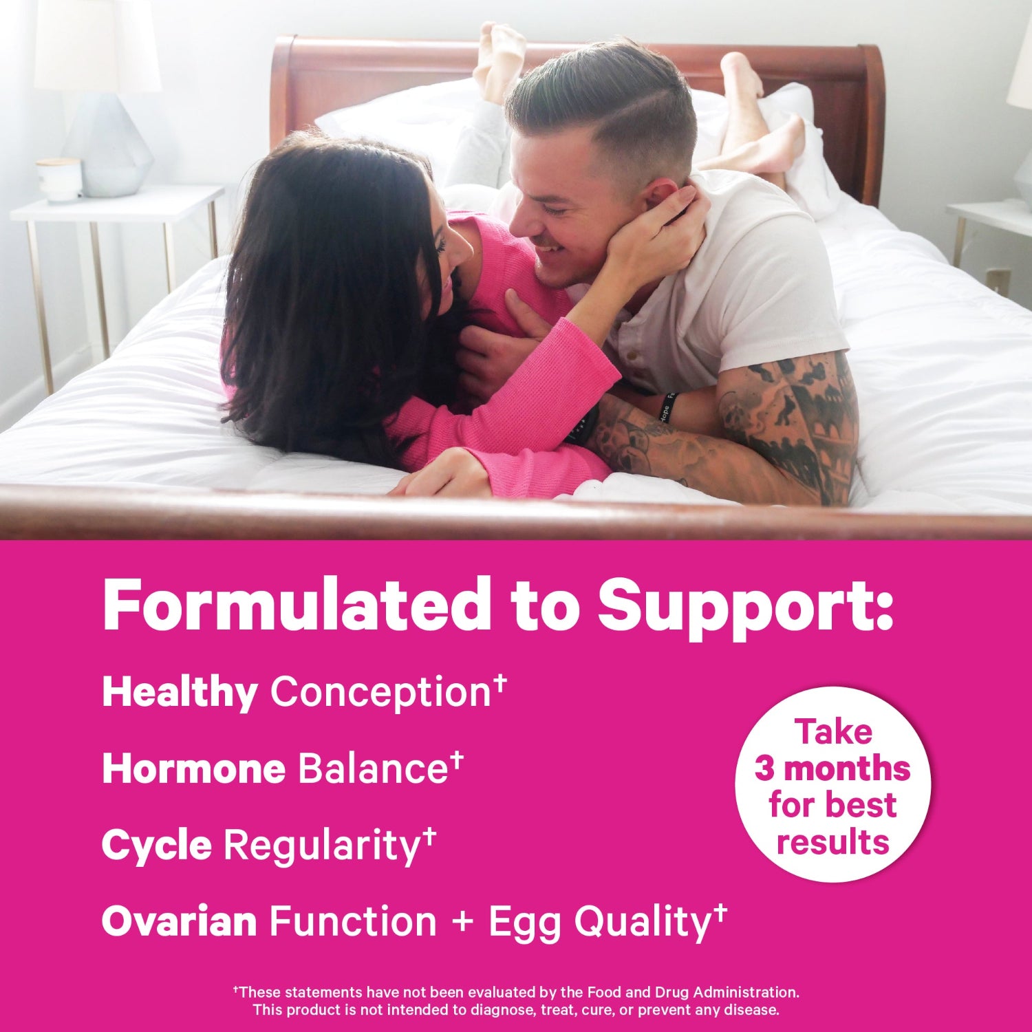 Couple embracing in bed with health benefits text on a pink background