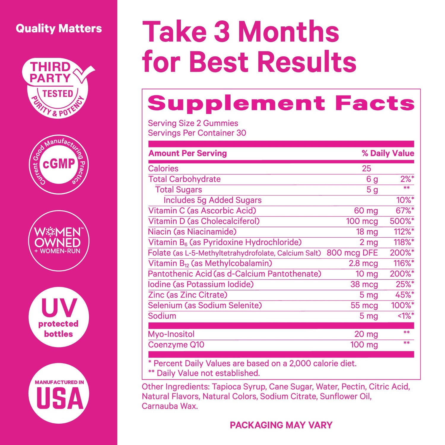 Supplement facts label with pink background and white text