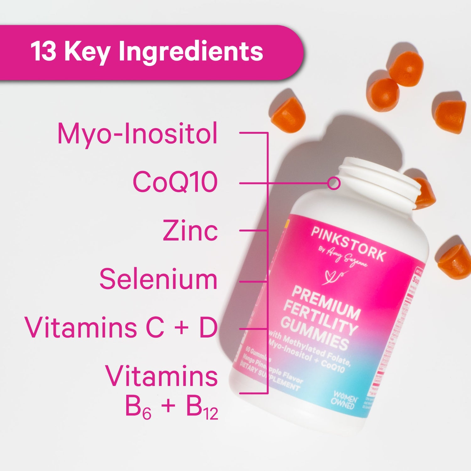 Pink Stork Premium Fertility Gummies with key ingredients listed on a white background
