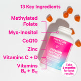 Pink Stork Premium Fertility Gummies bottle laying surrounded by gummies. 13 key ingredients.